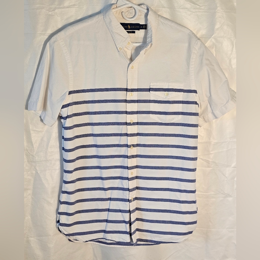 POLO Ralph Lauren Slim Fit Men's White and Navy Striped Button Down Shirt